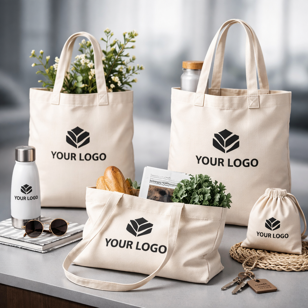 Katoenen tassen in verschillende soorten en maten, allemaal bedrukt met jouw logo 
