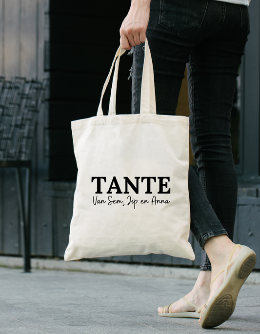 Katoenen Tas met Namen – “TANTE van…” Personaliseerbaar Cadeau